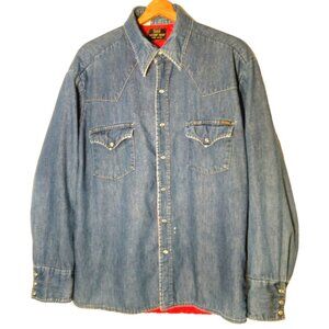 Sears Rowbuck Western Wear Shirt L Blue Chambray Pearl Snap Quilted Work Shacket